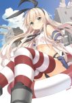  &gt;_&lt; 1girl akizone anchor artist_name black_panties blonde_hair clouds crop_top elbow_gloves gloves hair_ornament innertube kantai_collection long_hair looking_at_viewer midriff navel open_mouth panties parted_lips personification rensouhou-chan shimakaze_(kantai_collection) sky striped striped_legwear thighhighs underwear white_gloves 