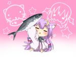  1girl animal_ears arm_up buri_hamachi cat_ears chibi closed_eyes crescent etou_(cherry7) fish long_hair patchouli_knowledge purple_hair solo touhou very_long_hair 