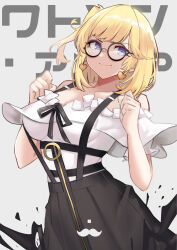  1girl absurdres black-framed_eyewear blonde_hair blue_eyes bob_cut breasts coat earrings frilled_shirt frills glasses heart heart_earrings highres hololive hololive_english jewelry long_hair mustache_print off-shoulder_shirt off_shoulder official_alternate_hairstyle plaid_clothes plaid_coat round_eyewear shirt skirt vuxer watson_amelia watson_amelia_(street_casual) zipper_skirt 