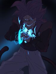  1boy absurdres black_background black_vest blue_eyes blue_sash body_fur brown_fur brown_tail cowboy_shot cropped_vest dark_background dragon_ball dragon_ball_gt electricity glowing gogeta highres kazumax76 long_hair male_focus metamoran_vest monkey_tail muscular muscular_male no_shirt pants red_hair sash simple_background smirk solo spiky_hair super_saiyan super_saiyan_4 tail vest white_pants 