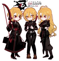  3girls absurdres ahoge blonde_hair boots bow bow_(weapon) brown_boots crossed_arms don_quixote_(project_moon) full_body high_heels highres holding holding_bow_(weapon) holding_sword holding_weapon jacket limbus_company long_hair long_skirt looking_at_another multiple_girls nervous orange_eyes pants pmchell_04 project_moon red_eyes sancho_(project_moon) shi_association_east_uniform shi_association_south_uniform short_hair simple_background skirt slit_pupils sword weapon white_background 