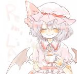  1girl ascot bat_wings blue_hair brooch closed_eyes cup hat hat_ribbon jewelry maru_usagi mob_cap puffy_sleeves red_eyes remilia_scarlet ribbon short_sleeves smile solo teacup touhou wings wrist_cuffs 
