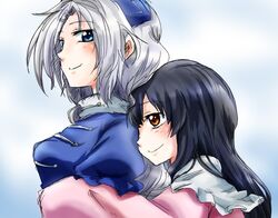  2girls black_hair blue_eyes brown_hair hat houraisan_kaguya hug hug_from_behind multiple_girls silver_hair smile touhou unya yagokoro_eirin 