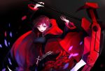  1girl black_background black_eyes cape cross dress judy6241 open_mouth pantyhose redhead ruby_rose rwby scythe short_hair skirt solo weapon 