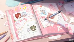  1girl book bow bowtie chinese_commentary commentary_request desk elysia_(hi_love_elf)_(honkai_impact) elysia_(honkai_impact) highres holding holding_pen honkai_(series) honkai_impact_3rd kevin_kaslana kiana_kaslana kosma letter murata_himeko official_art open_book pen pencil pink_bow pink_bowtie solo 