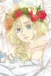  1girl blonde_hair blue_eyes christa_renz dress flower head_wreath ninimao red_rose rose shingeki_no_kyojin solo white_dress wings 
