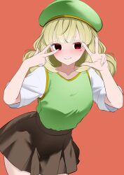  absurdres araga_kiwi double_bun green_hat hair_bun hat highres mahou_shoujo_ni_akogarete mole mole_under_eye red_eyes shirt simple_background skirt tank_top v very_low_bun white_shirt xueli_shimazaki 