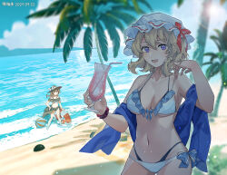  2girls ball beach beachball bikini blonde_hair blue_sky blush bow brown_hair clouds cocktail drink frilled_bikini frills furahata_gen hat highres light_particles long_hair maribel_hearn multiple_girls ocean open_clothes open_shirt palm_tree sand see-through_clothes short_hair sky smile summer sun_hat swimsuit touhou tree usami_renko violet_eyes waves 
