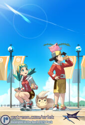  1girl backwards_hat baseball_cap beanie bike_shorts black_hair blue_eyes blue_hair blue_sky breasts can closed_mouth clouds drinking ethan_(pokemon) furret goldenrod_city hat holding holding_can hoppip jacket kris_(pokemon) lamppost long_hair long_sleeves on_head open_clothes open_jacket open_mouth orlek outdoors pokemon pokemon_(creature) pokemon_gsc pokemon_on_head red_jacket red_shirt shirt short_hair shorts sky smile teeth twintails upper_teeth_only white_jacket yellow_eyes yellow_hat yellow_shorts 