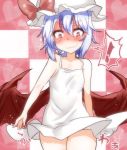  1girl bare_shoulders bat_wings blue_hair checkered checkered_background dress hat heart looking_at_viewer red_eyes remilia_scarlet short_hair smile solo takorice touhou white_dress wings 
