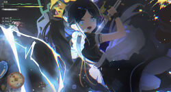 1girl apron aqua_halo aris_(blue_archive) aris_(maid)_(blue_archive) black_dress black_hair black_wrist_cuffs blue_archive blue_eyes chinese_commentary commentary_request crown dress dutch_angle fighting_stance halo highres holding holding_sword holding_weapon katana long_hair looking_at_viewer maid_apron mini_crown monster_hunter_(series) monster_hunter_wilds official_alternate_costume open_mouth pantyhose parted_bangs ready_to_draw solo sword user_interface very_long_hair weapon white_pantyhose wiersa wrist_cuffs 
