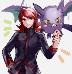  1boy absurdres berry_(pokemon) black_jacket blush crobat food highres holding holding_food jacket kashmimo nose_blush pecha_berry pokemon pokemon_(creature) pokemon_hgss red_hair silver_(pokemon) white_background 
