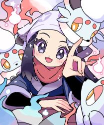  1girl :d akari_(pokemon) alternate_color black_hair black_shirt blue_fur bright_pupils fox fox_shadow_puppet galaxy_expedition_team_survey_corps_uniform grey_eyes grey_fur grey_jacket headscarf highres hisuian_zorua jacket long_hair looking_at_viewer open_mouth pokemon pokemon_(creature) pokemon_legends:_arceus purple_background red_fur red_scarf scarf shiny_pokemon shirt sidelocks simple_background smile upper_body white_headscarf white_pupils yellow_eyes yoshishi_(yosisitoho) 
