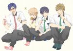  4boys blonde_hair blue_eyes blue_hair blush brown_hair food_in_mouth free! green_eyes hazuki_nagisa juice_box male mouth_hold multiple_boys musical_note nanase_haruka_(free!) necktie open_mouth popsicle red_eyes ryuugazaki_rei school_uniform short_hair smile socks spoken_musical_note tachibana_makoto violet_eyes 