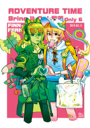  absurdres adventure_time axe backpack bag banana_guard bear_hat blonde_hair bmo cookie cupcake fern_(adventure_time) finn_the_human flower food grass_demon_(adventure_time) hair_flower hair_ornament hat headphones highres holding hungeronion jake_the_dog lady_rainicorn long_hair male_focus manfried_(adventure_time) monster_boy multiple_boys plant_boy shirt shorts shutter_shades snake 