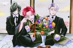  3boys aimono_jyushi amaguni_hitoya asymmetrical_bangs bad_ass_temple beard_stubble black_hair black_jacket black_kimono black_nails black_necktie black_ribbon black_suit blue_eyes cheekbones clothing_request collared_shirt crane_print curtained_hair ear_piercing eyelashes eyeshadow facial_hair facing_viewer floral_print flower flower_request frown furrowed_brow fusuma grey_hair grin hair_over_one_eye hair_over_shoulder hand_on_own_thigh harai_kuko highres hypnosis_mic indian_style indoors jacket japanese_clothes jewelry juban kimono lapels leaning_to_the_side light_blush light_frown long_bangs long_hair long_sleeves looking_ahead looking_at_viewer looking_to_the_side makeup male_focus mature_eyes mature_male mole mole_under_eye multicolored_hair multiple_boys multiple_piercings neck_ribbon necktie notched_lapels parted_bangs parted_hair peaked_lapels piercing plug_(piercing) purple_eyeshadow purple_flower raised_eyebrows red_flower red_hair ribbon ring shirt short_hair sideburns sitting sitting_on_table sliding_doors slit_pupils smile spider_lily_print streaked_hair stubble suit suit_jacket tablecloth umibenobara uneven_eyes v v-shaped_eyebrows v_over_eye vase violet_eyes wavy_hair white_flower white_shirt wide_sleeves yellow_eyes yellow_flower 