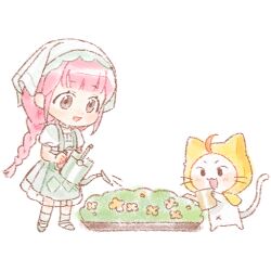  1girl ahoge animal ankle_socks apron argyle_apron argyle_clothes artist_request bare_arms black_eyes blunt_bangs braid brown_eyes cat chibi cloak clothed_animal dot_nose dress ear_covers eyelashes game_cg green_apron green_dress green_headscarf green_shoes green_socks happy headscarf holding holding_watering_can hood hood_up hooded_cloak infinity_nikki light_blush long_hair looking_at_flowers low_twin_braids mary_janes medium_dress momo_(nikki) navel nikki_(nikki) nikki_(series) official_art open_mouth pink_hair plant potted_plant puffy_short_sleeves puffy_sleeves see-through_clothes see-through_dress shoes short_sleeves smile socks solid_oval_eyes spring_blossom_(infinity_nikki) standing tareme transparent_background twin_braids very_long_hair watering watering_can whiskers white_cat yellow_cloak 