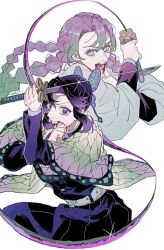  2girls animal_print bug butterfly butterfly_hair_ornament butterfly_print checkered_haori demon_slayer_uniform flower gradient_hair hair_ornament haori highres japanese_clothes kanroji_mitsuri kendama_01 kimetsu_no_yaiba kochou_shinobu multicolored_hair multiple_girls print_haori purple_butterfly sword_writing wisteria 