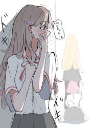  3girls abuse amaori_renako ashigaya_high_school_uniform blonde_hair blush covering_own_mouth grey_skirt hiding highres kneeling long_hair medium_hair multiple_girls neck_ribbon nobunaga_(nbng_g) ouzuka_mai pink_hair pleated_skirt red_eyes red_ribbon ribbon school_uniform sena_ajisai shirt skirt translation_request trembling watashi_ga_koibito_ni_nareru_wake_naijan_murimuri! white_background white_shirt 