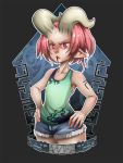  1girl anael_(whistle_frog) collarbone cropped_legs cutoffs demon_girl demon_horns denim denim_shorts eyebrows flat_chest hands_on_hips horns lips original pink_hair pointy_ears red_eyes short_hair shorts simple_background solo succubus tank_top tattoo whistle_frog young 