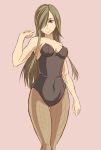 1girl bangs bare_shoulders blue_eyes brown_hair clothed_navel colored fishnet_pantyhose fishnets grundy hair_over_one_eye leotard long_hair pantyhose parted_bangs small_breasts tales_of_(series) tales_of_the_abyss tear_grants 