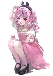  1girl :d ahoge animal_hat arm_up blush dress frilled_dress frills full_body hat heart heart_ahoge high_heels highres holding_juice_box juice_box looking_at_viewer maria_marionette mary_janes multicolored_hair nijisanji nijisanji_en pantyhose pink_dress pink_eyes pink_hair puracotte purple_hair rabbit_hat shoes simple_background smile solo squatting streaked_hair sweat twintails virtual_youtuber white_background white_pantyhose 