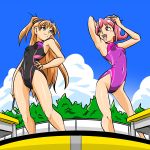  2girls aida_mana blue_eyes brown_hair clouds competition_swimsuit dokidoki!_precure flipped_hair from_below houjou_hibiki kogane_(staygold) long_hair multiple_girls one-piece_swimsuit pink_eyes pink_hair precure short_hair sky smile suite_precure swimsuit two_side_up 