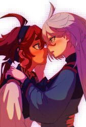  ahoge aqua_eyes asticassia_school_uniform black_hairband blue_jacket commentary english_commentary eye_contact grey_eyes grey_hair gundam gundam_suisei_no_majo hairband hand_on_another&#039;s_shoulder hand_on_another&#039;s_waist highres jacket long_hair long_sleeves looking_at_another miorine_rembran parted_lips red_hair school_uniform silencedvouivre suletta_mercury thick_eyebrows upper_body white_background white_jacket yuri 