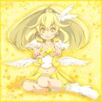  1girl blonde_hair boots choker cure_peace double_v dress earrings hair_ornament hair_ribbon jewelry kasetsu kise_yayoi knee_boots long_hair looking_at_viewer magical_girl midriff navel ponytail precure ribbon sitting smile smile_precure! solo v wings wrist_cuffs yellow yellow_background yellow_dress yellow_eyes 