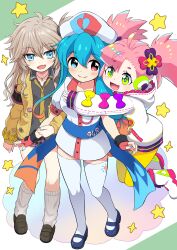  3girls absurdres ahoge amehare_hau black_shirt blue_eyes blue_hair blush boots breasts brown_hair cardigan closed_mouth collared_shirt dress fang fingerless_gloves gloves green_eyes hair_ornament haruka_nana hat headphones heterochromia highres hood hood_down hoodie hug kasukabe_tsumugi long_hair long_sleeves looking_at_viewer loose_necktie loose_socks mole mole_under_eye multicolored_hair multiple_girls necktie nurse_cap open_cardigan open_clothes open_mouth orange_hair pantyhose pink_hair plaid_clothes plaid_skirt pokemoa puffy_short_sleeves puffy_sleeves red_eyes shirt shoes short_sleeves skin_fang skirt smile socks star_(symbol) thigh-highs twintails voicevox white_boots white_dress white_hoodie white_thighhighs yellow_cardigan yellow_necktie yellow_pantyhose 
