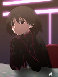  1girl artist_name black_eyes black_hair black_jacket bob_cut chair closed_mouth commentary elbow_rest empty_eyes expressionless film_grain from_side hair_between_eyes highres indoors jacket kikumaru_bunta looking_at_viewer looking_to_the_side making-of_available monogatari_(series) on_chair oshino_ougi own_hands_together red_trim revision short_hair signature sitting sleeves_past_fingers sleeves_past_wrists solo table track_jacket translated turtleneck upper_body very_long_sleeves w_arms 