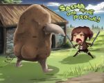  1girl ass battle blush boots brown_eyes brown_hair chibi drooling dual_wielding fart knee_boots monster open_mouth pants ponytail potato sasha_browse shingeki_no_kyojin short_hair sword three-dimensional_maneuver_gear weapon what whistle_frog 