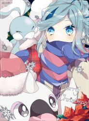  1boy altaria beak bird black_eyes blue_eyes blue_feathers blue_hair blue_mittens blue_scarf cetoddle feathers flower fluffy grusha_(pokemon) hat highres jacket long_hair long_sleeves looking_at_another male_focus merry_christmas mittens poinsettia pokemon pokemon_(creature) pokemon_sv santa_hat scarf scarf_over_mouth simple_background snowflakes striped_clothes striped_scarf to_camellia two-tone_scarf upper_body white_feathers yellow_jacket 