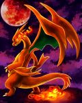  charizard fire full_moon green_eyes haychel mega_charizard_y mega_pokemon moon no_humans pokemon pokemon_(creature) pokemon_(game) pokemon_xy red_moon solo watermark web_address wings 