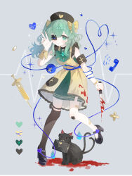  1girl absurdres adapted_costume alternate_headwear animalization apron armband bag bandaid bandaid_on_leg black_armband black_cat black_hat black_shoes blood blood_on_clothes blood_on_weapon bow bowtie brooch brown_thighhighs buttons cardiogram cat closed_mouth commentary diamond_button dress eyeball eyepatch full_body green_bow green_bowtie green_dress green_eyes green_hair grey_background hair_bow hat heart heart_in_eye heart_of_string high_heels highres holding holding_knife jewelry kaenbyou_rin kaenbyou_rin_(cat) knife komeiji_koishi looking_at_viewer mary_janes mouth_hold multiple_tails nurse_cap phone pool_of_blood shoes simple_background single_thighhigh smile symbol-only_commentary symbol_in_eye syringe tail thigh-highs third_eye touhou two_tails w weapon yellow_apron yellow_bow yuuneka 