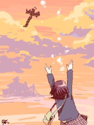  angel_wings archived_source arms_up bag bf._(sogogiching) blue_sleeves blue_sweater brown_hair canti clouds cloudy_sky collared_sweater dithering flcl floating from_behind gainax green_bag grey_skirt halo jaggy_lines light_particles long_sleeves lowres medium_hair oekaki open_hands orange_sky orange_theme plaid_clothes plaid_skirt pleated_skirt robot sailor_collar samejima_mamimi shoulder_bag signature skirt sky sweater warm_colored wings 