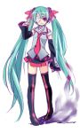  1girl etou_(cherry7) eyepatch green_hair hatsune_miku long_hair looking_at_viewer simple_background skirt smile solo thigh-highs very_long_hair vocaloid white_background 