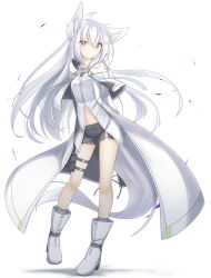  absurdres animal_ears arms_behind_back blue_eyes boots breasts coat fox_ears fox_girl fox_tail highres long_hair looking_at_viewer navel original shorts simple_background small_breasts tail very_long_tail white_hair yukishiro_haku 