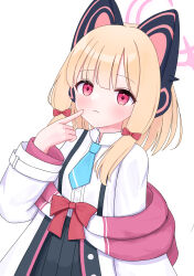  1girl :&lt; animal_ear_headphones animal_ears arm_at_side black_skirt blonde_hair blue_archive blue_necktie blush bow buttons cat_ear_headphones cat_ears closed_mouth collared_shirt commentary dress_shirt fake_animal_ears finger_to_face hair_bow halo hand_up headphones highres hood hood_down hooded_jacket jacket long_sleeves looking_at_viewer low-tied_sidelocks medium_hair momoi_(blue_archive) multicolored_jacket necktie nimonomono off_shoulder parted_bangs pink_eyes pink_halo pink_jacket pleated_skirt pointing pointing_at_self red_bow shirt sidelocks simple_background skirt solo suspender_skirt suspenders unbuttoned upper_body white_background white_jacket white_shirt 