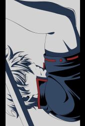  1boy bokken closed_mouth expressionless from_side gintama grey_background hair_between_eyes highres holding holding_sword holding_weapon looking_at_viewer male_focus messy_hair pillarboxed popped_collar ribbon-trimmed_sleeves ribbon_trim sakata_gintoki shirt short_hair short_sleeves sideways solo sword weapon wooden_sword yubi_nui21 