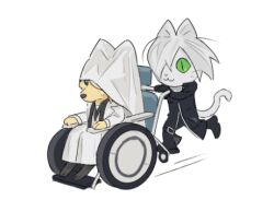  :3 black_bodysuit black_boots bodysuit boots cat chibi chibi_only colored_sclera expressionless final_fantasy final_fantasy_vii final_fantasy_vii_advent_children fox full_body furrification furry furry_male green_eyes green_sclera hair_over_one_eye kadaj lowres motion_lines one_eye_covered pai_jingguan pushing_wheelchair rufus_shinra running short_hair simple_background sitting slit_pupils sweatdrop wheel wheelchair white_background yellow_fur 