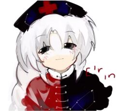 1girl blue_hat blush braid braided_ponytail canihavepromo character_name dot_nose dress english female hat long_hair multicolored_clothes multicolored_dress pale_skin pink_sclera ponytail red_cross simple_background smile solo solo_focus touhou white_background white_hair yagokoro_eirin zun_(style)