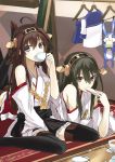  2girls ahoge bare_shoulders black_eyes black_hair brown_hair crossed_legs_(lying) cup detached_sleeves drinking eating food food_on_face hair_ornament hairband haruna_(kantai_collection) headgear japanese_clothes kantai_collection kauto kongou_(kantai_collection) long_hair looking_at_viewer lying multiple_girls on_stomach personification sitting stuffed_animal stuffed_bunny stuffed_toy teacup thighhighs uniform wariza 