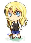  1girl artist_name bangs blonde_hair blue_eyes blush character_name chibi english holding jeans mermaid_swamp mop nanji_ac solo standing text yamazaki_rin 