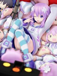  1girl 3d character_doll choker crane_game d-pad d-pad_hair_ornament doll hair_ornament highres hood hoodie jewelry lrvtledl neck_ring neptune_(neptunia) neptune_(series) noire_(neptunia) one_eye_closed purple_hair short_hair sidelocks socks solo striped_clothes striped_socks striped_thighhighs thigh-highs tongue tongue_out usb violet_eyes white_choker 