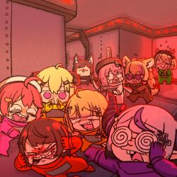  6+girls ahoge aki_rosenthal among_us animal_ears blonde_hair brown_hair chibi closed_eyes cosplay crewmate_(among_us) crewmate_(among_us)_(cosplay) hair_ornament hat highres himemori_luna holding hololive horns knife la+_darknesss long_hair momosuzu_nene multicolored_hair multiple_girls omaru_polka ookami_mio oozora_subaru open_mouth pink_hair sakura_miko smile tail tsunomaki_watame virtual_youtuber wakatsuki_misato 