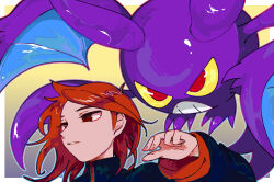  1boy black_jacket brown_hair colored_sclera colored_skin crobat jacket pokemon pokemon_(creature) pokemon_hgss purple_skin r7defdupyt83820 red_eyes red_hair silver_(pokemon) yellow_sclera 
