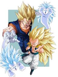  4boys abs artjohnny1020 black_vest blonde_hair blue_pants blue_sash blue_shirt boots border dougi dragon_ball dragon_ball_z earrings full_body ghost gloves gotenks green_background green_eyes group_picture hand_on_own_hip highres jewelry long_hair medium_hair metamoran_vest multiple_boys muscular muscular_male no_eyebrows no_shirt open_mouth orange_shirt pants parted_lips pointing pointing_at_viewer potara_earrings sash shirt simple_background smirk spiky_hair super_saiyan super_saiyan_1 super_saiyan_3 vegetto vest white_boots white_border white_gloves white_pants 