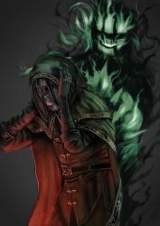  1boy belt black_belt black_gloves blindfold blue_skin brown_cloak brown_shirt cloak colored_skin commentary_request dark_souls_(series) dark_souls_ii fire ghost gloves green_fire grey_background hands_on_own_head hood hood_up hooded_cloak jewelry male_focus multiple_rings onigawara_(kiki) open_mouth possessed ring royal_sorceror_navlaan shirt solo upper_body 