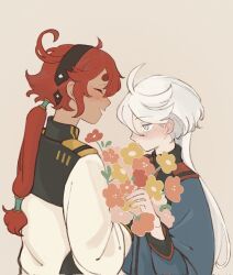  2girls ahoge asticassia_school_uniform black_hairband blue_jacket blush bouquet brown_background chinese_commentary closed_eyes commentary_request flower grey_eyes gundam gundam_suisei_no_majo hairband highres holding holding_bouquet jacket just_a_pot long_hair miorine_rembran multiple_girls open_mouth pink_flower ponytail red_flower red_hair school_uniform simple_background smile suletta_mercury thick_eyebrows white_hair white_jacket yellow_flower yuri 